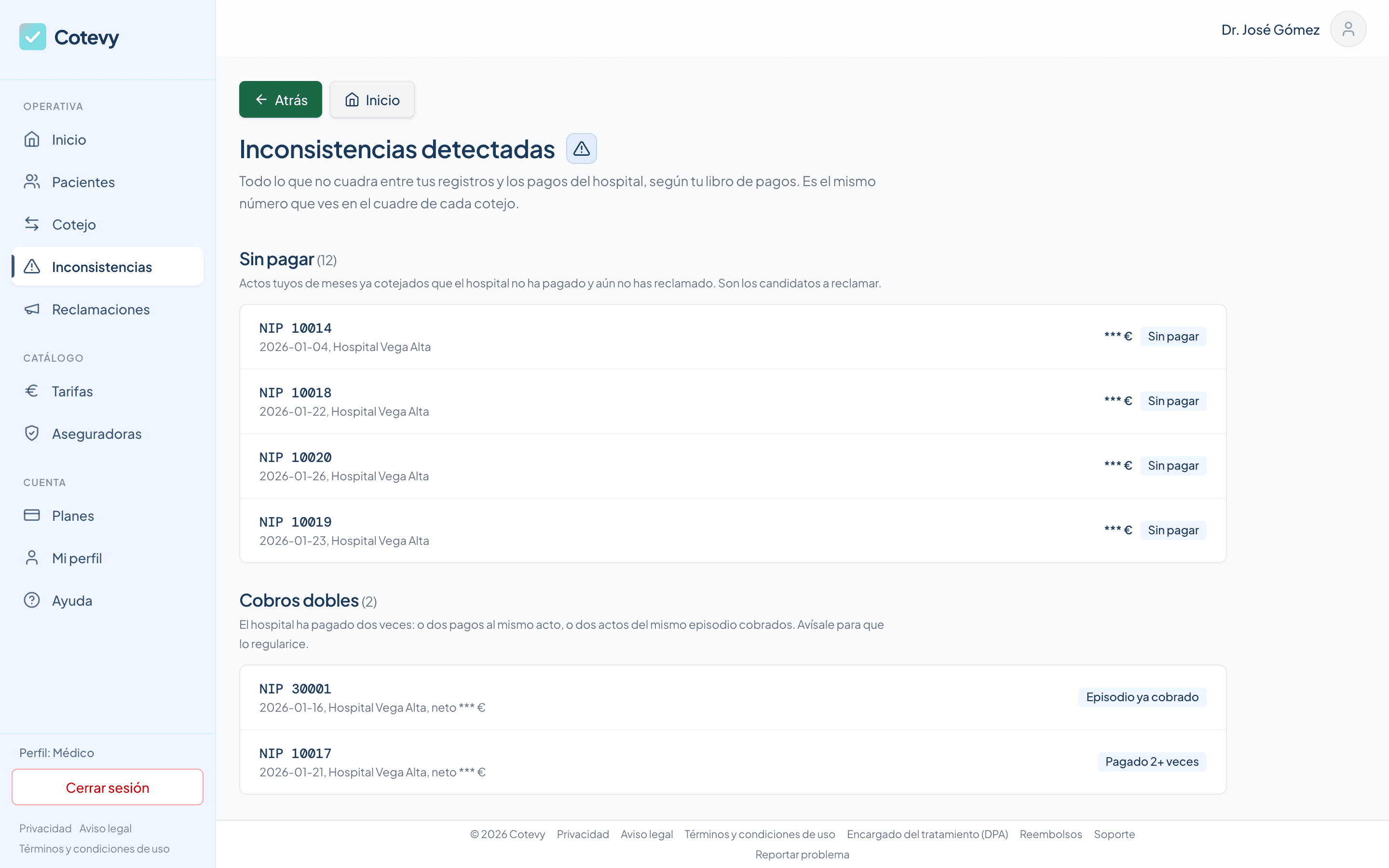 Pantalla real de inconsistencias detectadas en Cotevy