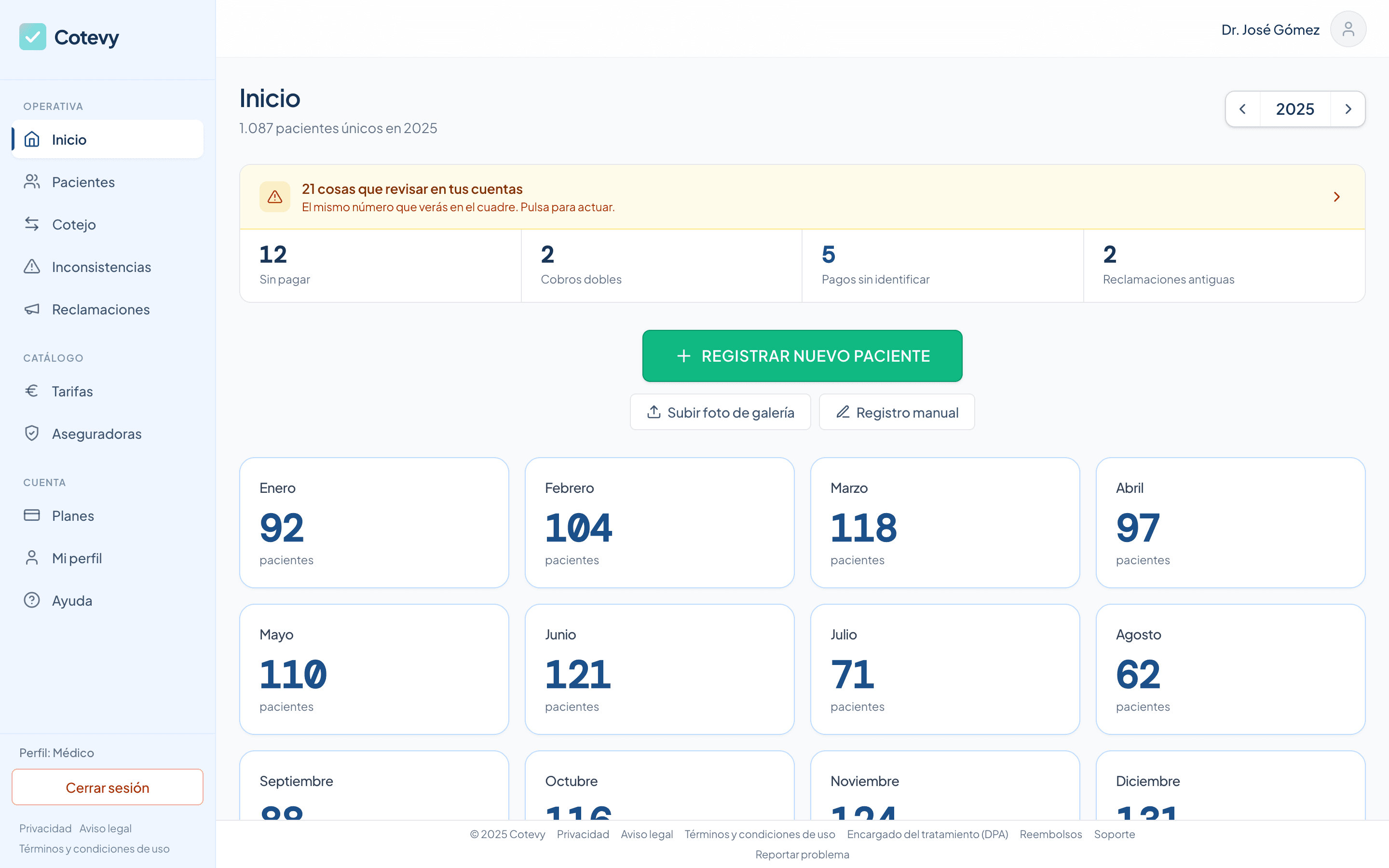 Inicio real de Cotevy en escritorio con datos ficticios