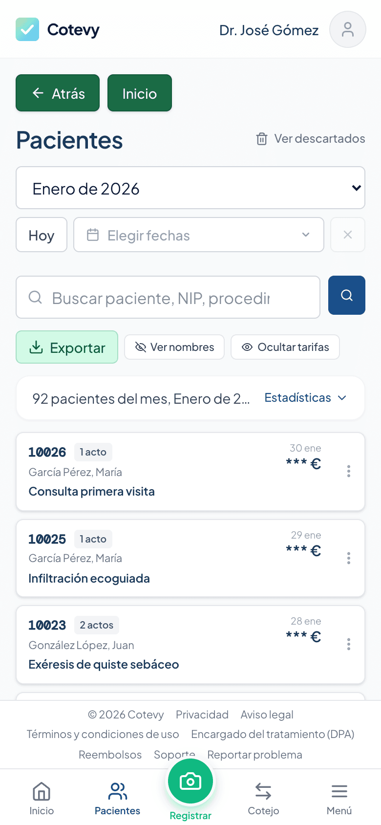 Listado real de pacientes en Cotevy con los importes ocultos